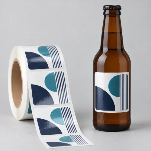 Rótulo para Garrafa de Cerveja com arte ilustrativa azul e verde, exemplo de aplicação; recipiente não incluso