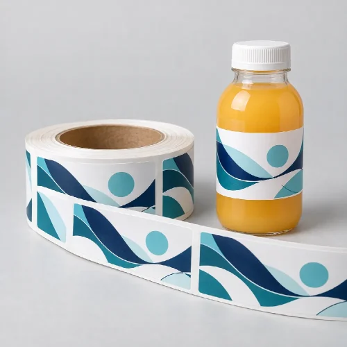 Rótulo para Garrafa de Suco com arte ilustrativa azul e verde, exemplo de aplicação; recipiente não incluso