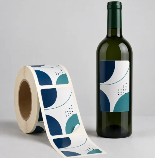 Rótulo Garrafa de Vinho com arte ilustrativa azul e verde, exemplo de aplicação; recipiente não incluso