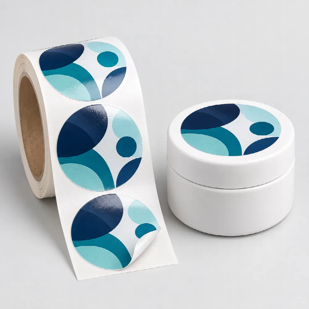 Rótulo para Pote de Creme com arte ilustrativa azul e verde, exemplo de aplicação; recipiente não incluso