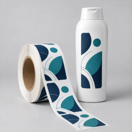 Rótulo para Shampoo com arte ilustrativa azul e verde, exemplo de aplicação; recipiente não incluso