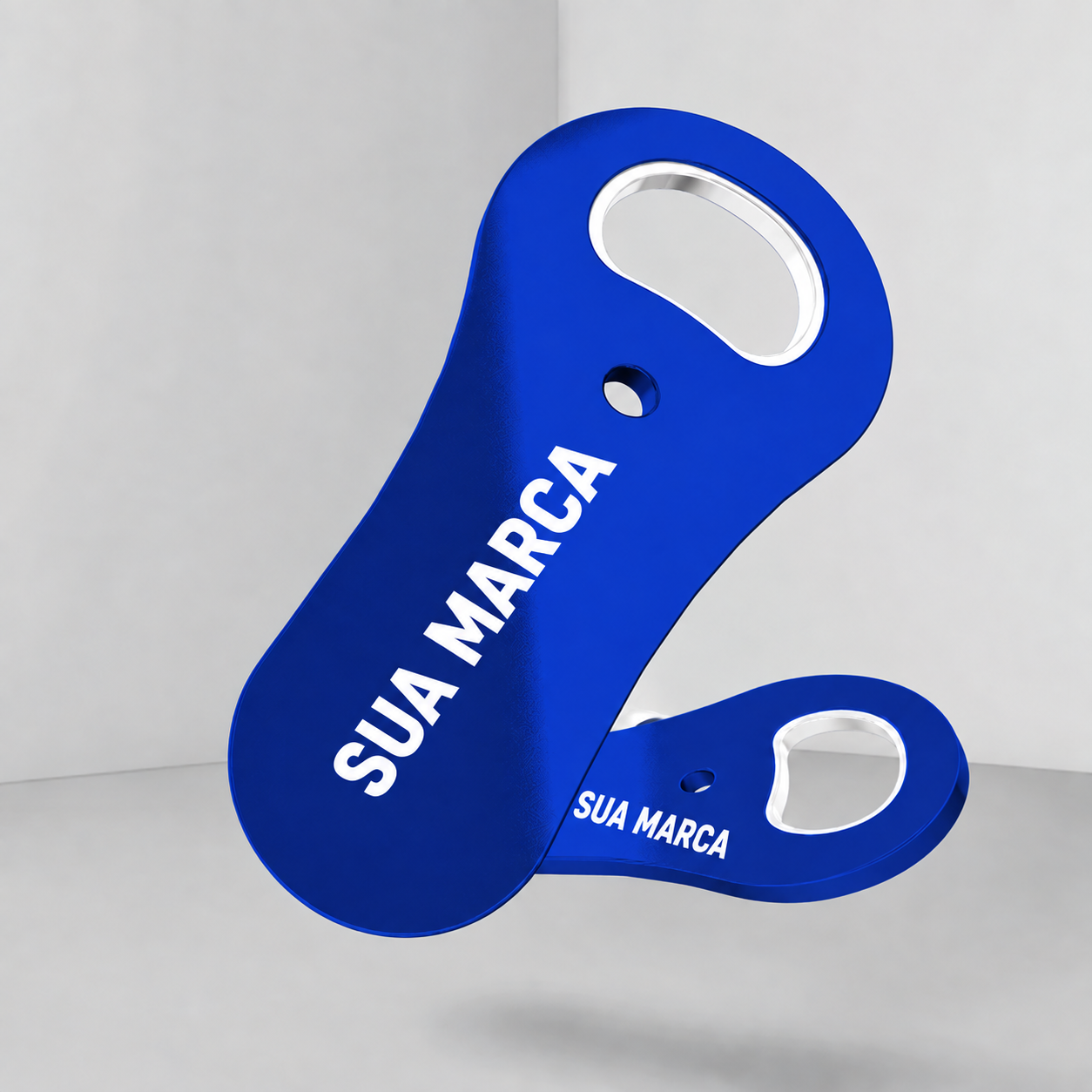 Abridor de Garrafa Personalizado azul — exemplo ilustrativo SUA MARCA