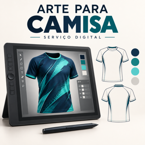 Ilustração do serviço de criação de arte para camisa: tablet com arte e gabaritos de frente e costas