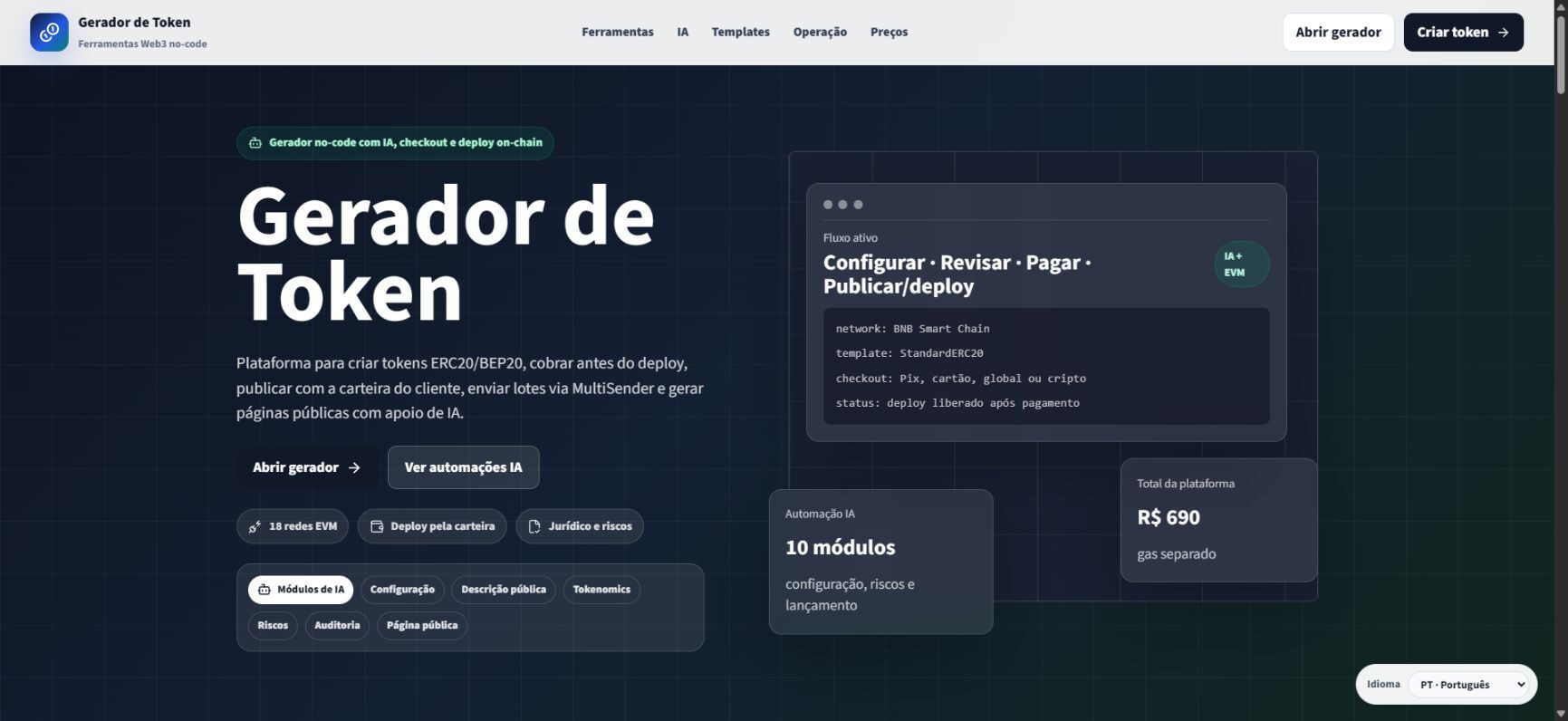 Prévia da plataforma Gerador de Tokens